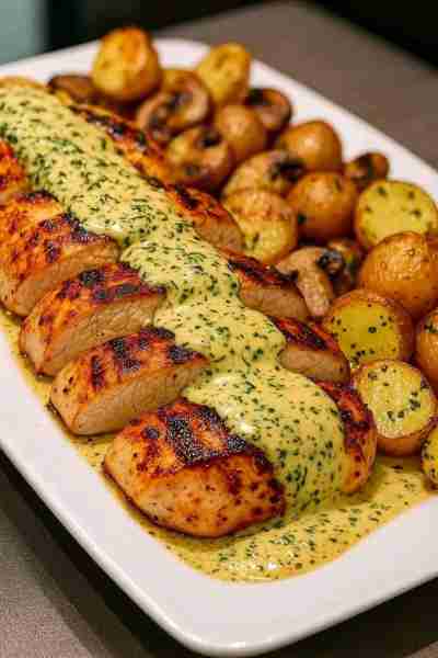 Grilled Chicken with Creamy Herb Sauce and Roasted Potatoes 🥔 📝 Ingredients: For the chicken: * 4...