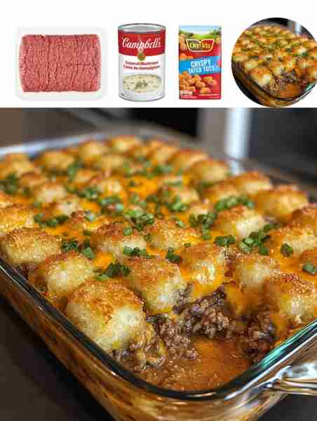 1 lb ground beef - 1 can cream of mushroom soup - 1 cup shredded cheddar cheese - 1 bag frozen tater...