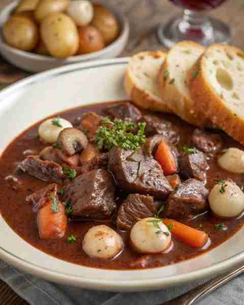 Beef Bourguignon Ingredients : - 1 kg of beef to be braised, cut into cubes - 150 grams of lardons -...