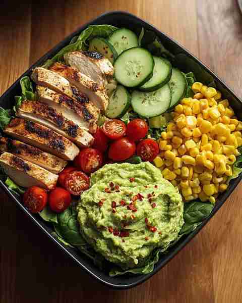This one had everyone quiet at the table — Grilled Chicken Salad Bowl with Guacamole & Fresh Veggies