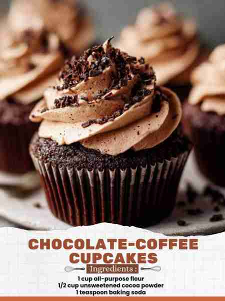 Chocolate-Coffee Cupcakes Ingredients: 1 cup all-purpose flour 1/2 cup unsweetened cocoa powder 1 te...