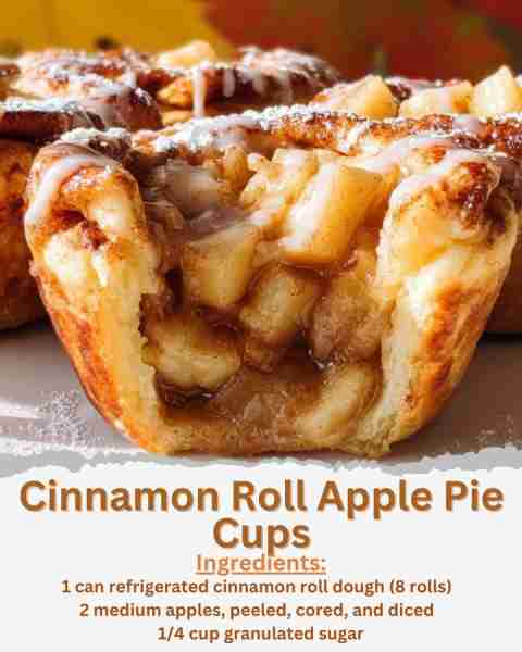 Cinnamon Roll Apple Pie Cups Ingredients: - 1 can refrigerated cinnamon roll dough (8 rolls) - 2 med...
