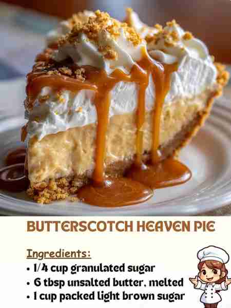 Butterscotch Heaven Pie Ingredients ¼ cup granulated sugar 6 tbsp unsalted butter, melted 1 cup pac...
