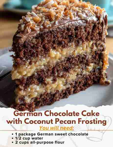 German Chocolate Cake with Coconut Pecan Frosting Ingredients: - 1 package German sweet chocolate -...