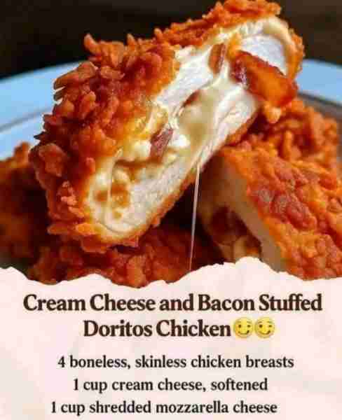 *Cream Cheese and Bacon Stuffed Doritos Chicken** Ingredients: 4 boneless, skinless chicken breasts...