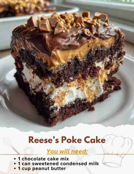 Reese’s Poke Cake Ingredients: - 1 chocolate cake mix (and ingredients per package) - 1 can sweetene...