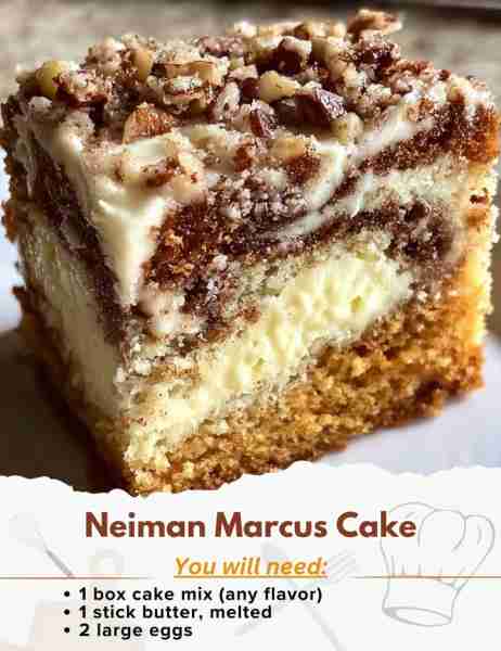 Neiman Marcus Cake Ingredients: - 1 box cake mix (any flavor) - 1 stick butter, melted - 2 large egg...