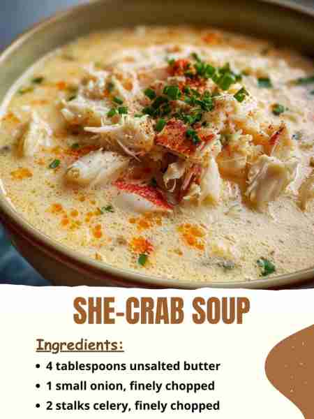 She-Crab Soup Ingredients: 4 tablespoons unsalted butter 1 small onion, finely chopped 2 stalks cele...
