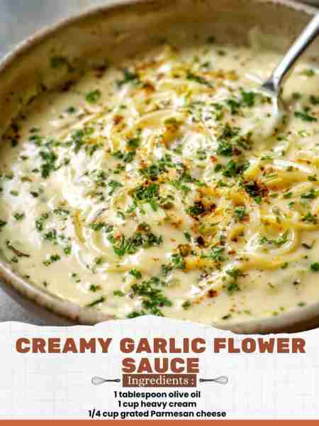 Creamy Garlic Flower Sauce Ingredients: 1 tablespoon olive oil 1 cup heavy cream 1/4 cup grated Parm...