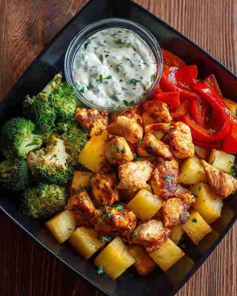 Chicken & Veggie Bowl with Roasted Potatoes and Garlic Herb Sauce 🍗🥔🌿 Prep time: 20 minutes Cook...