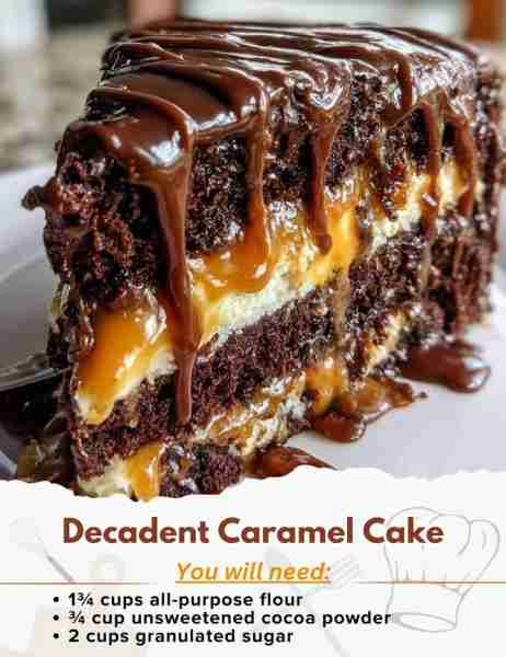 Decadent Caramel Cake Ingredients: - 1¾ cups all-purpose flour - ¾ cup unsweetened cocoa powder - 2...