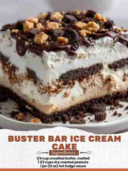 Buster Bar Ice Cream Cake Ingredients: 1/4 cup unsalted butter, melted 1 1/2 cups dry roasted peanut...