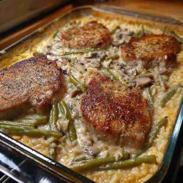 Pork Chop Casserole 2 cans of green beans 2 cans of French onion 2 cans of cream of mushroom 2 cups...