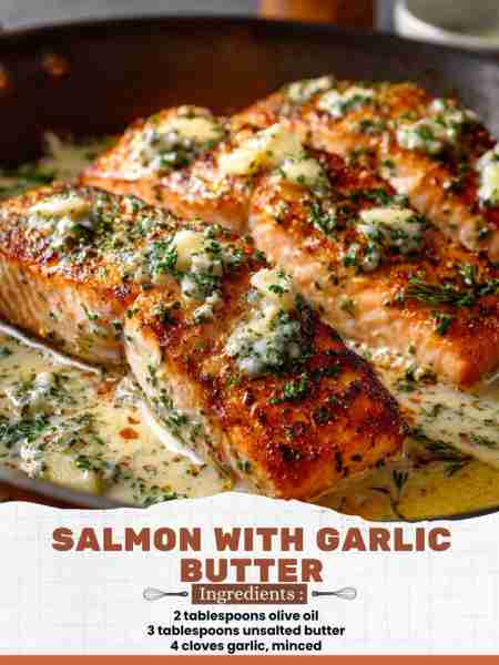 Salmon with Garlic Butter Ingredients: 2 tablespoons olive oil 3 tablespoons unsalted butter 4 clove...