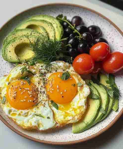 Golden Egg & Herb Salad Power Plate with Avocado & Grapes 🌿🍇 Creamy, cheesy eggs, silky sliced avo...