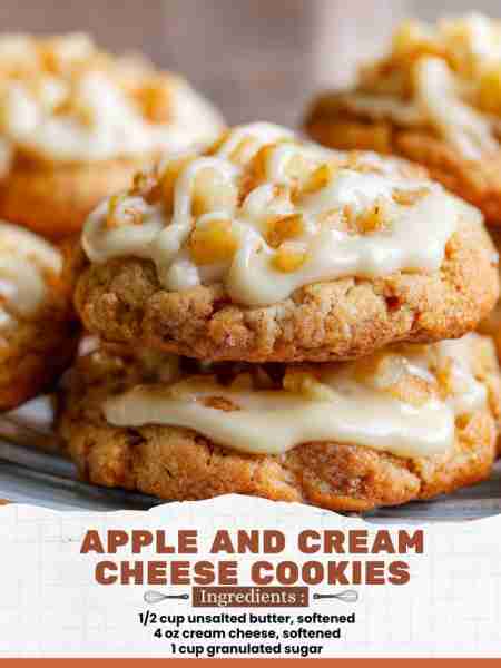 Apple and Cream Cheese Cookies Ingredients: 1/2 cup unsalted butter, softened 4 oz cream cheese, sof...