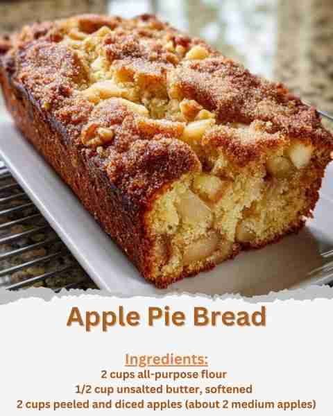 Apple Pie Bread Ingredients: - 2 cups all-purpose flour - 1 teaspoon baking soda - 1/2 teaspoon salt...