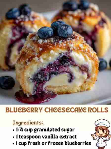 Blueberry Cheesecake Rolls Ingredients: ¼ cup granulated sugar 1 teaspoon vanilla extract 1 cup fres...