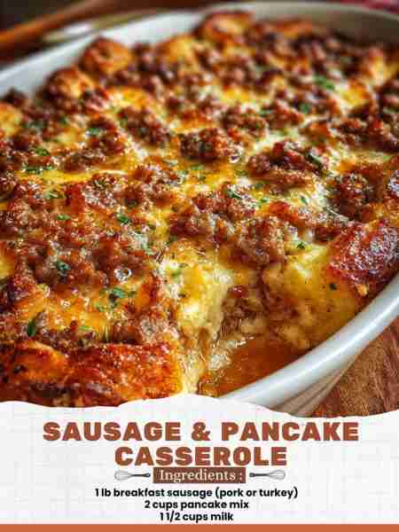 Sausage & Pancake Casserole Ingredients: 1 lb breakfast sausage (pork or turkey) 2 cups pancake mix...