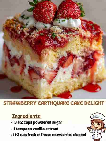 Strawberry Earthquake Cake Delight Ingredients: 3 ½ cups powdered sugar 1 teaspoon vanilla extract 1...