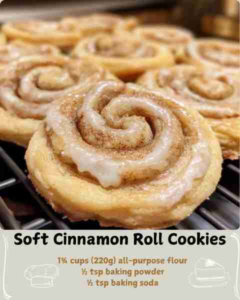 🌀 Soft Cinnamon Roll Cookies 🌀 Ingredients For the cookie dough: ¾ cup (150g) granulated sugar 2 t...