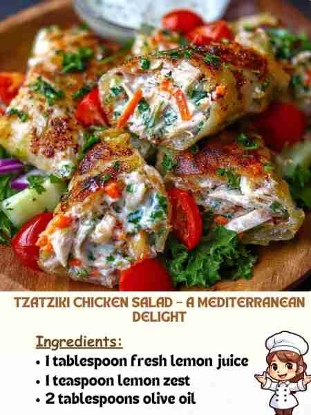 Tzatziki Chicken Salad – A Mediterranean Delight Ingredients: 1 tablespoon fresh lemon juice 1 teasp...