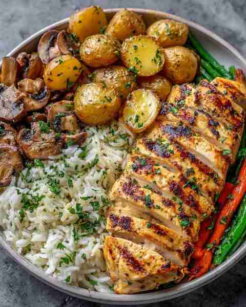 🍗 Grilled Chicken & Veggie Power Bowl with Herbed Rice 🥔🥕 Prep Time: 20 minutes Cook Time: 30 min...