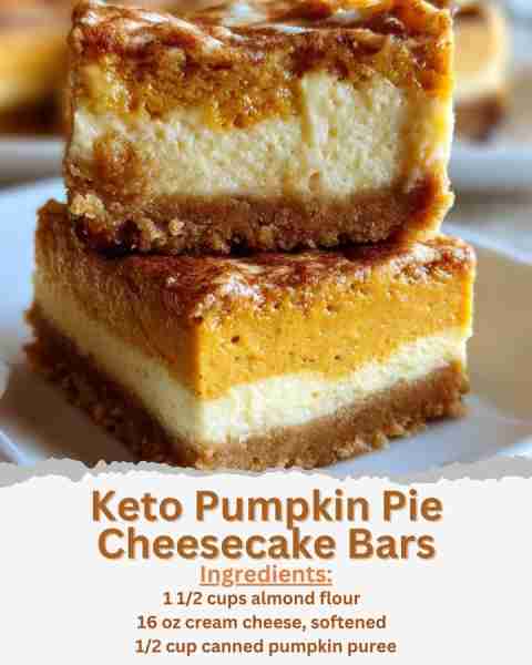 Keto Pumpkin Pie Cheesecake Bars Ingredients: - 1 1/2 cups almond flour - 1/4 cup powdered erythrito...