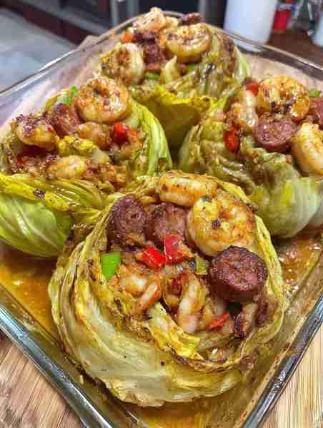 Keto Cajun Shrimp & Sausage Stuffed Cabbage Ingredients (4 servings) For the cabbage: 2 medium green...