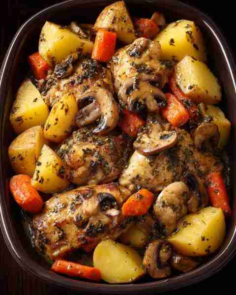 🍗 One-Pan Herb Roasted Chicken Thighs with Potatoes & Veggies 🥔🥕 Prep Time: 15 minutes Cook Time:...