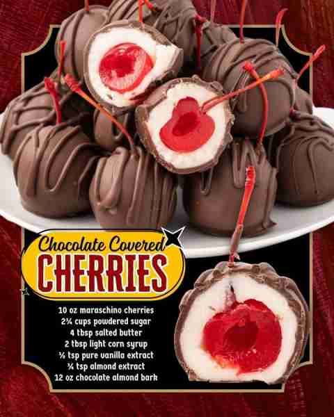 CHOCOLATE COVERED CHERRIES 🍒🍒 10 oz maraschino cherries 2¼ cups powdered sugar 4 tbsp salted butte...