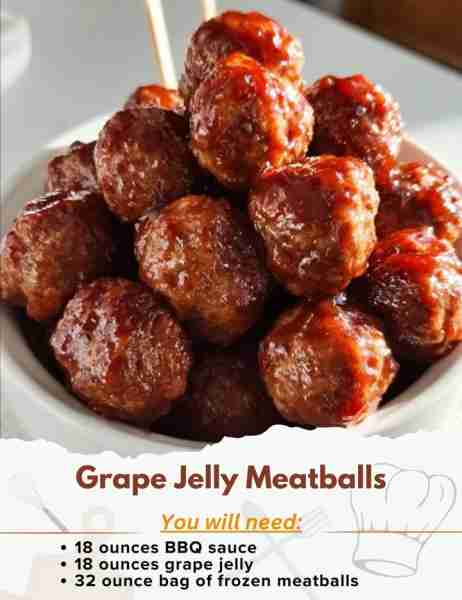 Grape Jelly Meatballs Ingredients: - 18 ounces BBQ sauce - 18 ounces grape jelly - 32 ounce bag of...