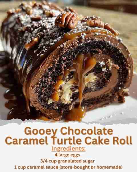 Gooey Chocolate Caramel Turtle Cake Roll Ingredients: - 4 large eggs - 3/4 cup granulated sugar - 1/...