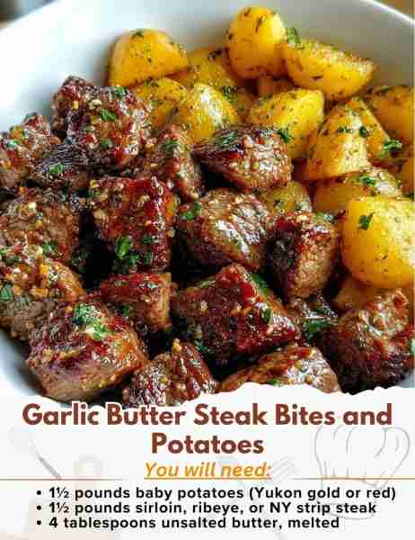 Garlic Butter Steak Bites and Potatoes Ingredients: - 1½ pounds baby potatoes (Yukon gold or red), q...