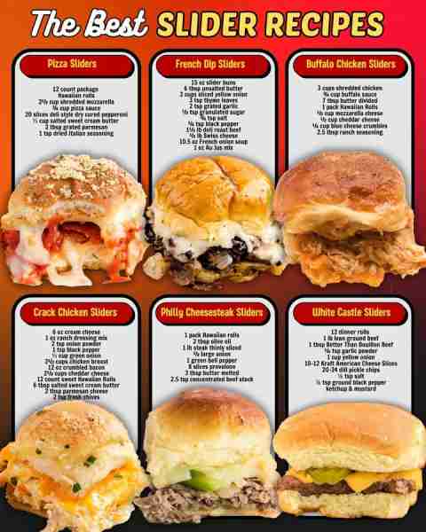 SLIDER 6 WAYS! CRACK CHICKEN SLIDERS: 16 oz cream cheese 1 oz ranch dressing mix 2 tsp onion powder...