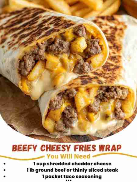 🍔 Beefy Cheesy Fries Wrap 📝 Recipe Ingredients: 1 cup shredded cheddar cheese 1 lb ground beef or...
