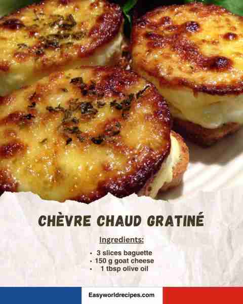 🐐 Chèvre Chaud Gratiné (Baked Goat Cheese on Bread) Toasted baguette slices topped with warm, bubbl...