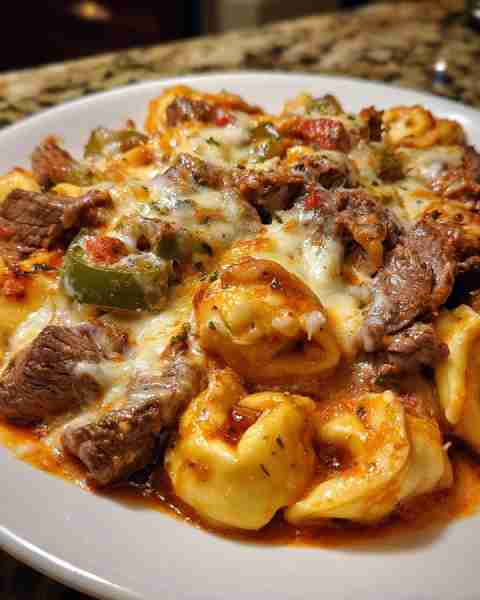 Cheesesteak Tortellini with Provolone Sauce Ingredients: 12 oz tortellini (fresh or frozen) 1 lb thi...