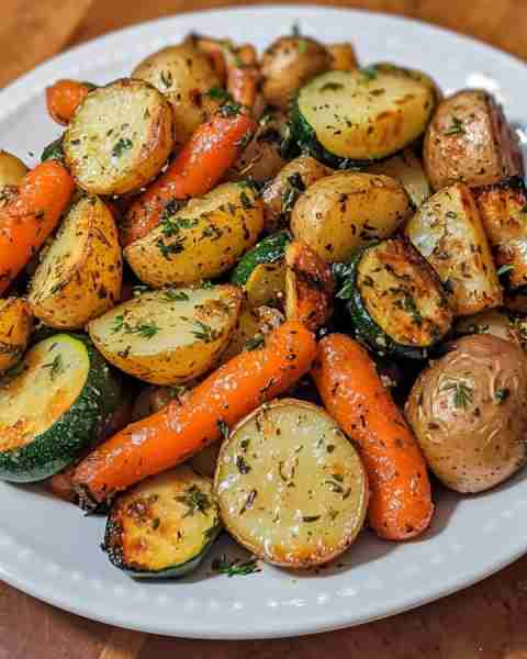 Garlic Herb Roasted Potatoes, Carrots, and Zucchini Ingredients: 1 1/4 lb baby potatoes, halved 1 lb...