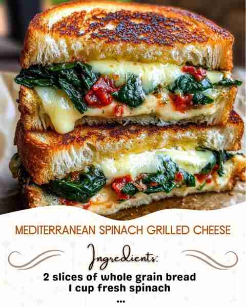 Mediterranean Spinach Grilled Cheese Ingredients: 2 slices of whole grain bread 1 cup fresh spinach...