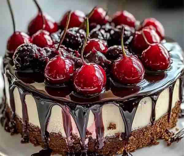 🍒🍫 Cherry Chocolate Ice Cream Cake Layers of chocolate cake, cherry compote, and chocolate ice cre...