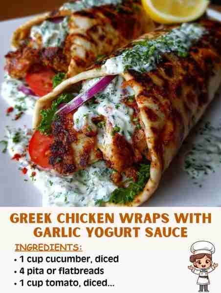🥙🧄 Greek Chicken Wraps with Garlic Yogurt Sauce – Fresh, Flavorful & Satisfying! Ingredients: 2 cu...