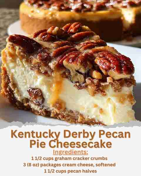 Kentucky Derby Pecan Pie Cheesecake Ingredients: - 1 1/2 cups graham cracker crumbs - 1/4 cup granul...