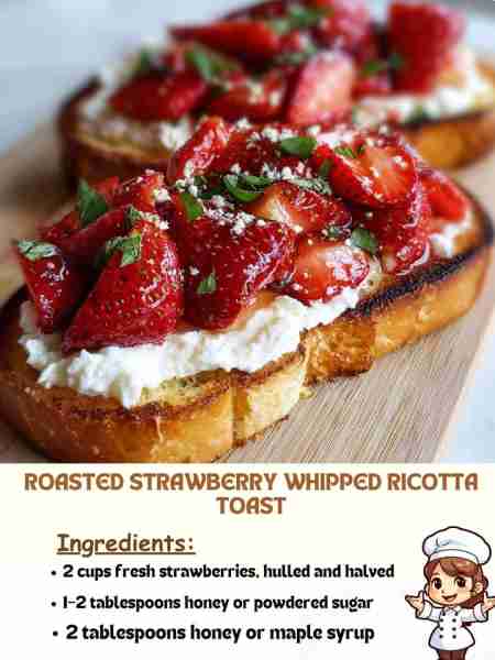 Roasted Strawberry Whipped Ricotta Toast Ingredients: 2 cups fresh strawberries, hulled and halved 1...
