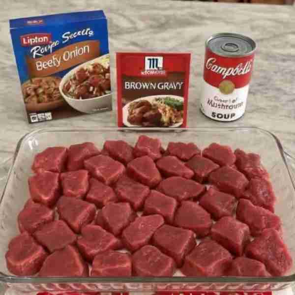 No-Peek Beef Tips Ingredients- 2 lbs stew meat 1 can cream of mushroom soup 1 packet brown gravymix...