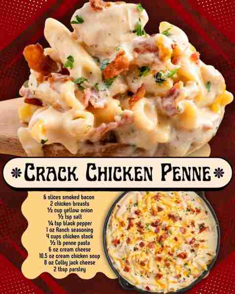 CRACK CHICKEN PENNE! 6 slices smoked bacon 2 chicken breasts ½ cup yellow onion ½ tsp salt ¼ tsp bla...