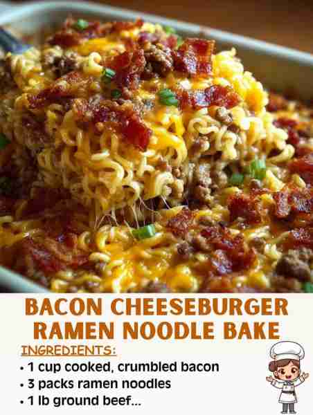 🥓🍔🍜 Bacon Cheeseburger Ramen Noodle Bake – A Fun Twist on Comfort Food! Ingredients: 1 lb ground...