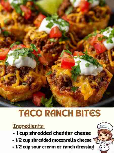 Taco Ranch Bites Ingredients: 1 cup shredded cheddar cheese ½ cup shredded mozzarella cheese 1/2 cup...