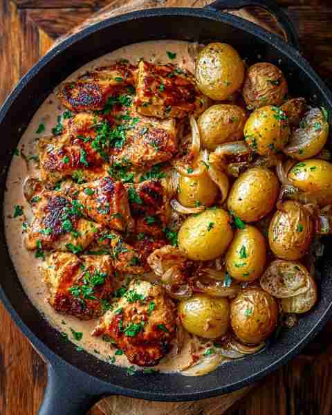 Creamy Garlic Herb Chicken with Baby Potatoes & Onions 🍗🥔 Prep Time: 15 minutes Cook Time: 35 minu...