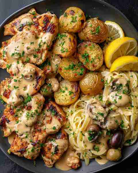 🍋 Creamy Garlic Chicken with Herb Potatoes & Lemon Tagliatelle 🍗🍝 Prep Time: 20 minutes Cook Time...